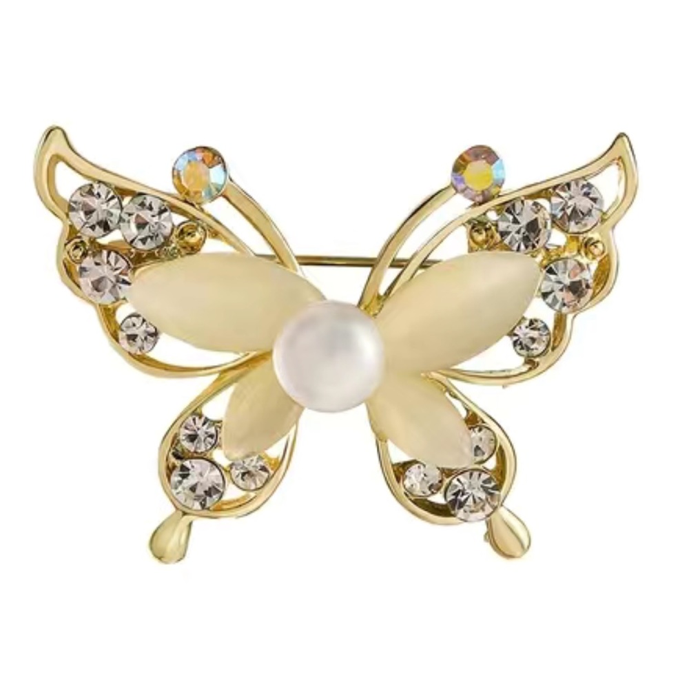 Gold 14k plated Butterfly Cream Andesine-Labradorite & Cubic Zirconia Brooch
